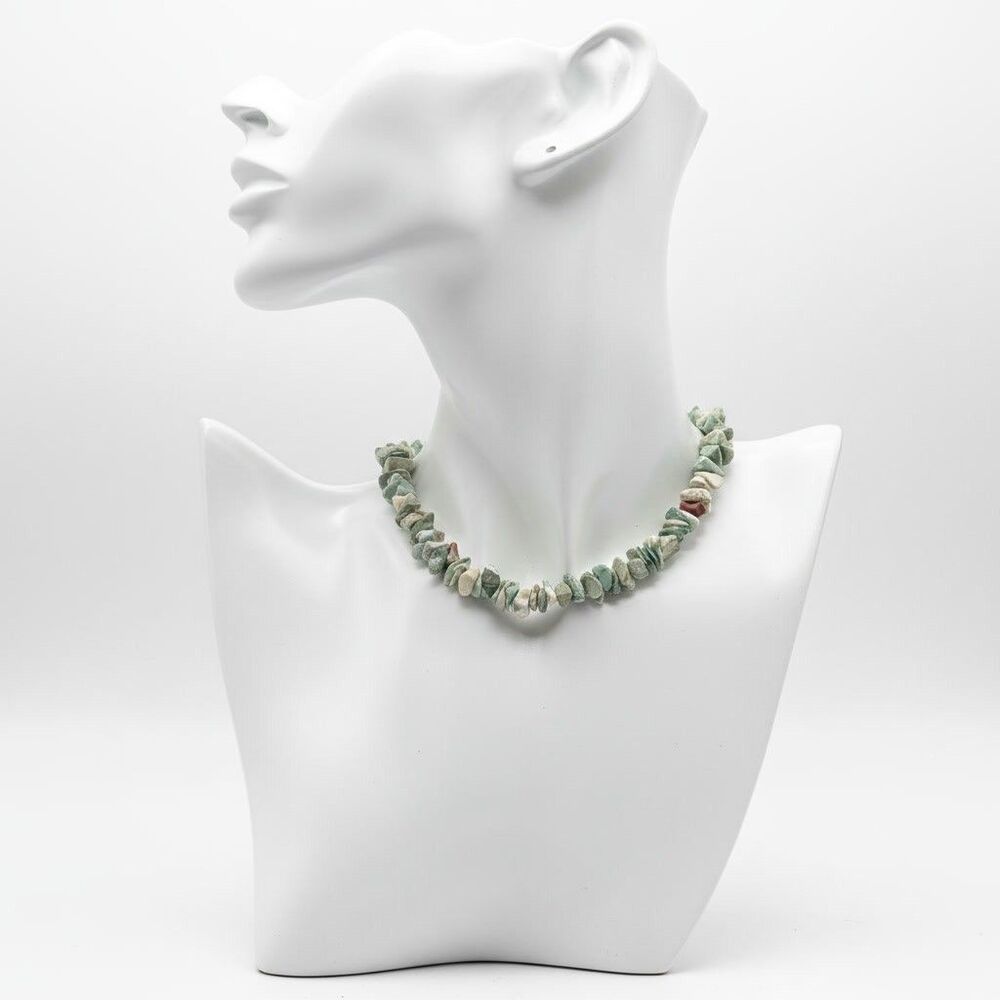 Vintage Green Unakite Jasper Stone Chunky Nugget Chip Bead Screw Clasp Necklace